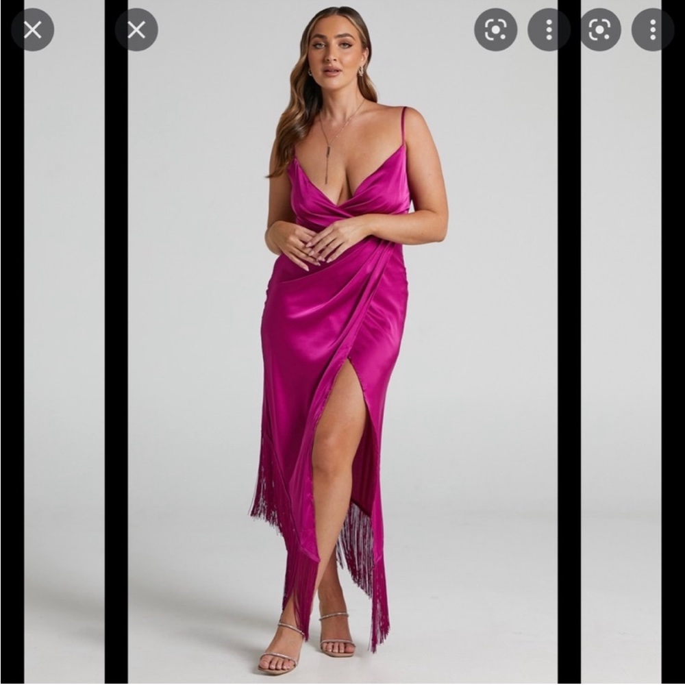 Plunge neckline fringe hem wrap midi dress